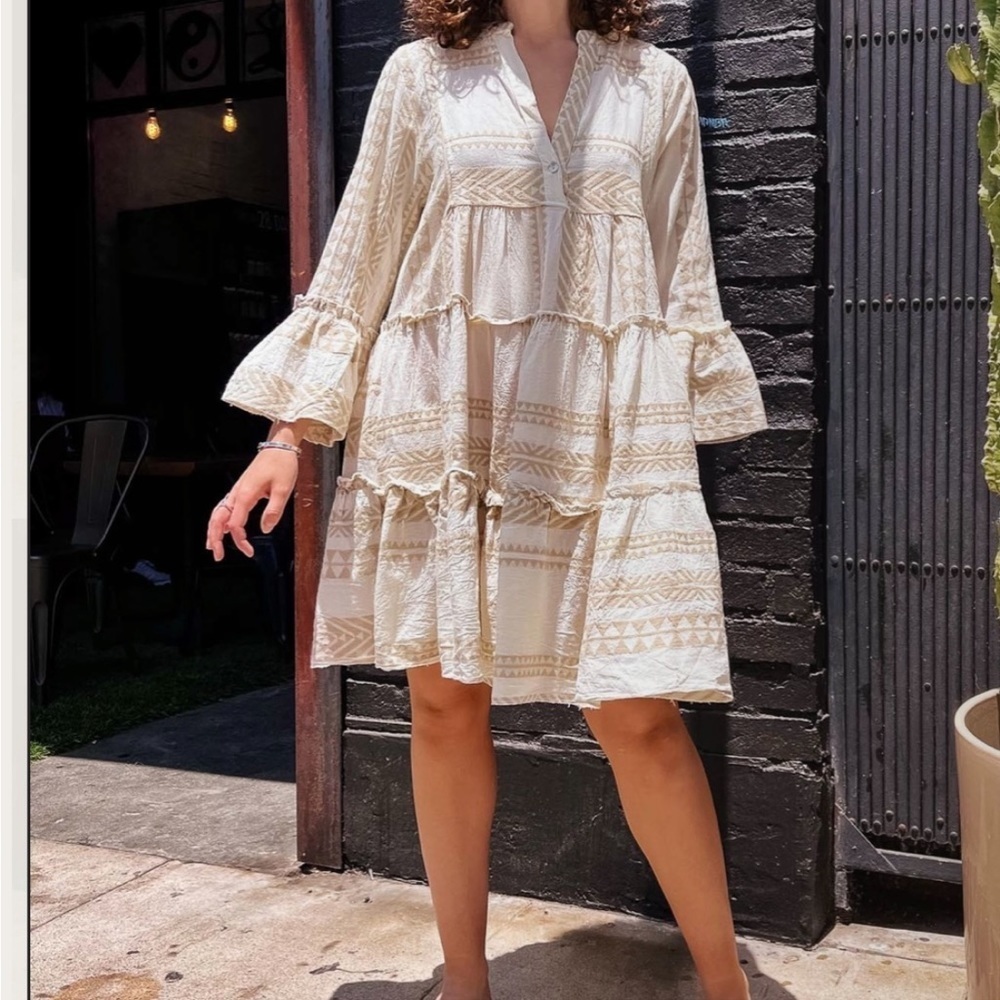 Meo Meli Aztec Cotton Tiered Cream Dress Size M